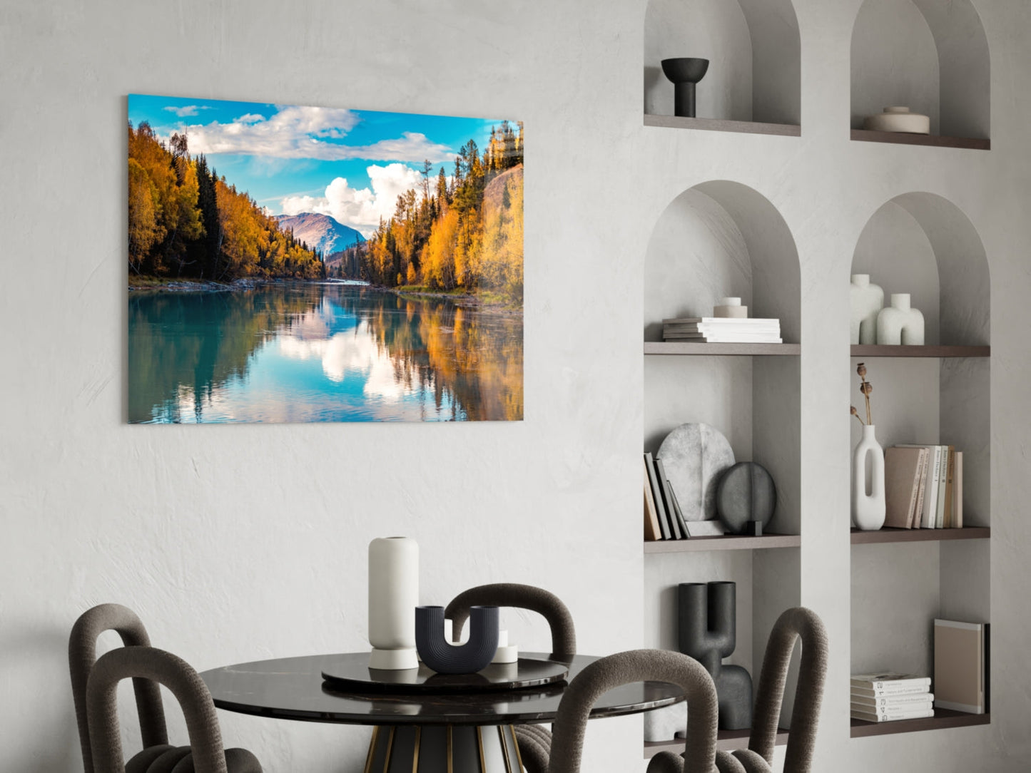 Autumn River Mountain Glass Wall Art