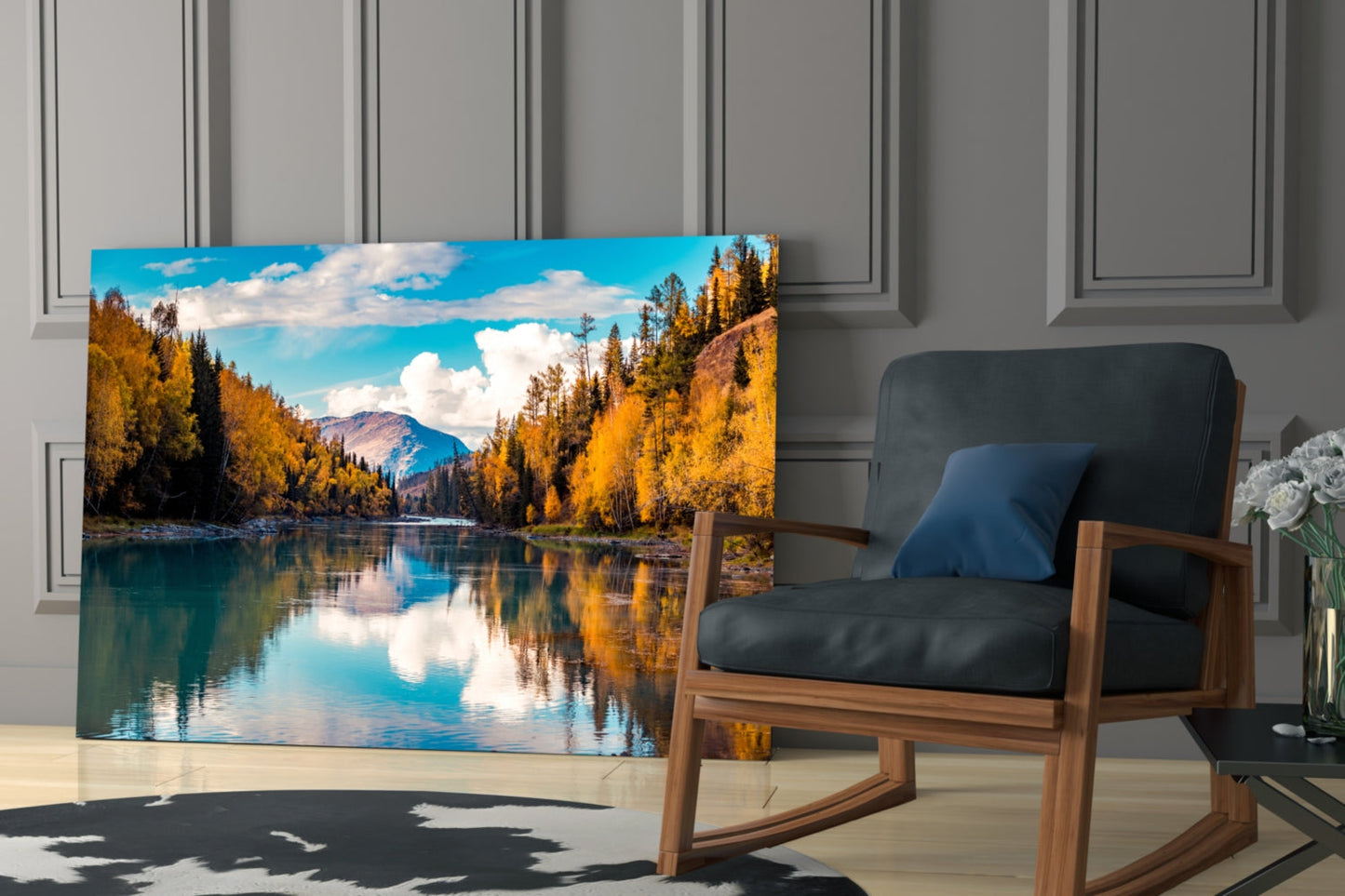 Autumn River Mountain Glass Wall Art