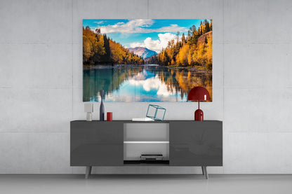 Autumn River Mountain Glass Wall Art