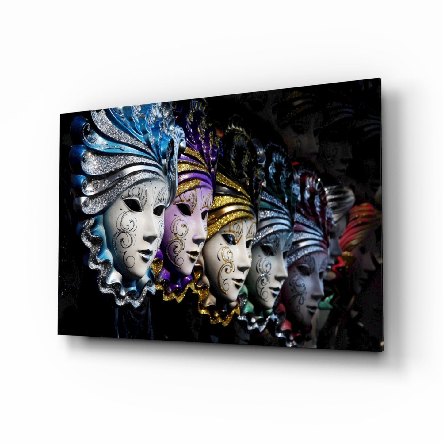 Venetian Carnival Masks tempered glass wall art on a wall