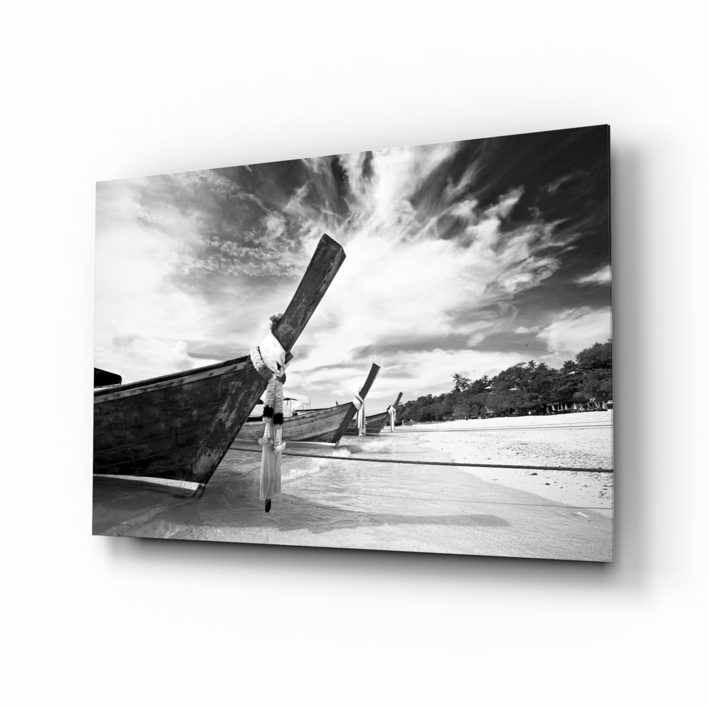 Boats on the Beach glass wall art in dramatic black and white