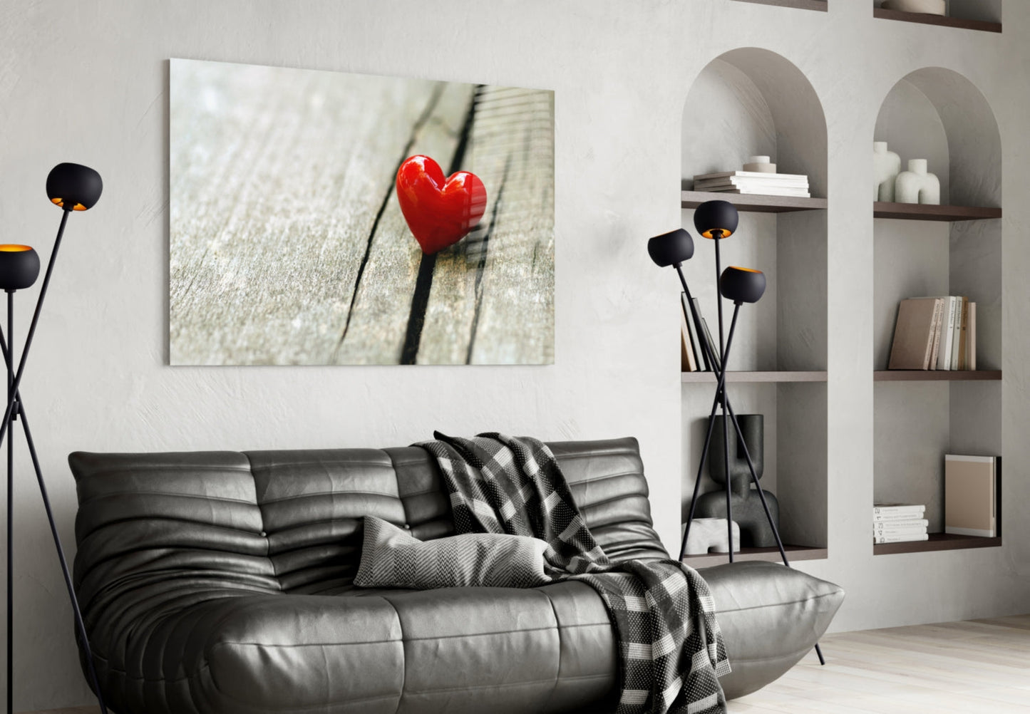 Red Heart On Wood Plank Glass Wall Art