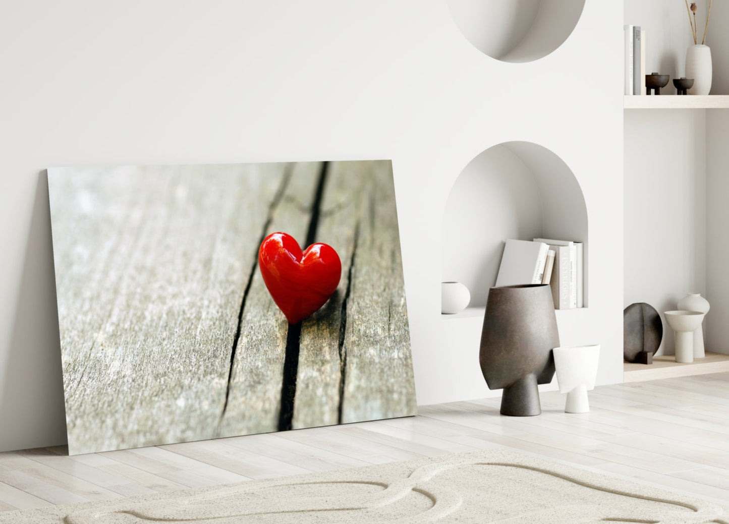 Red Heart On Wood Plank Glass Wall Art