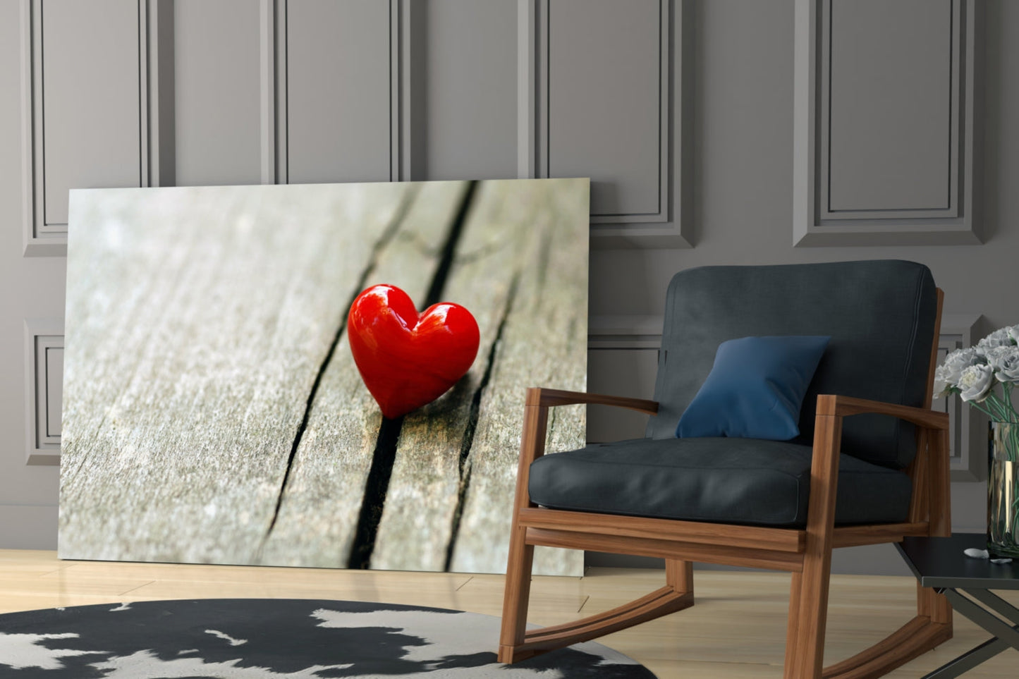 Red Heart On Wood Plank Glass Wall Art