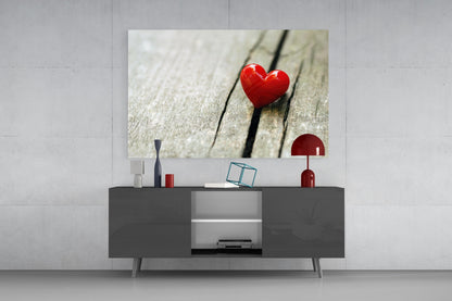 Red Heart On Wood Plank Glass Wall Art