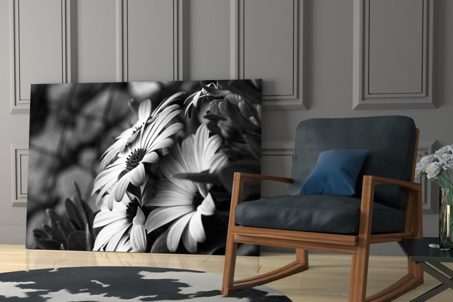 Black and White Flower Glass Wall Art