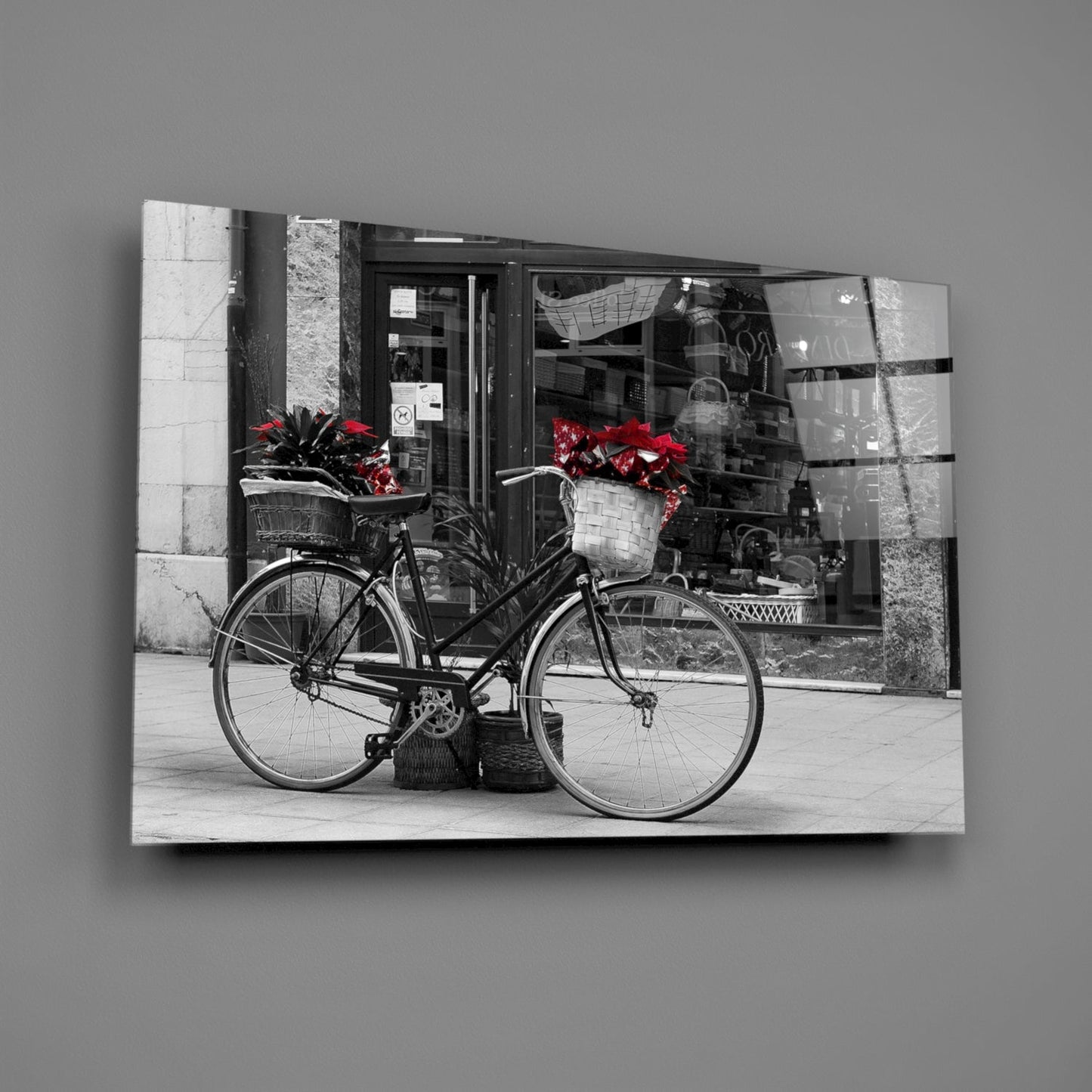 Black Bicycle with Red Flowers Glass Wall Art