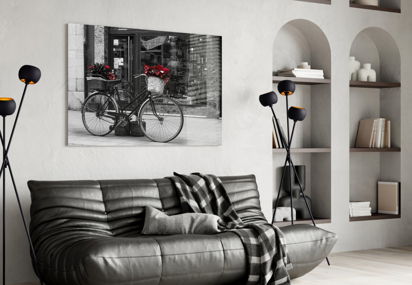 Black Bicycle with Red Flowers Glass Wall Art