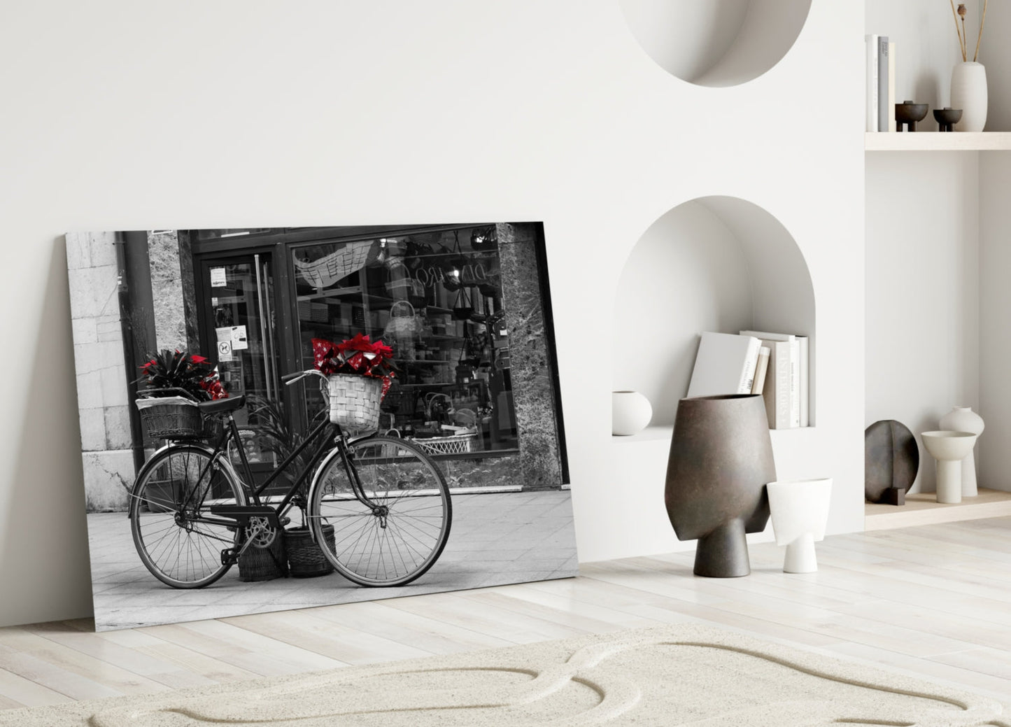 Black Bicycle with Red Flowers Glass Wall Art