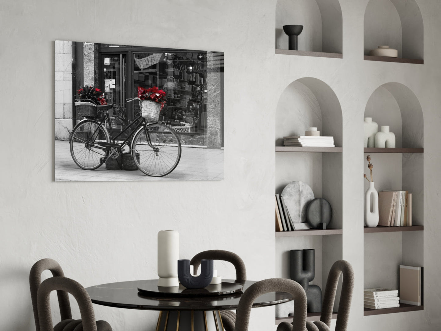 Black Bicycle with Red Flowers Glass Wall Art