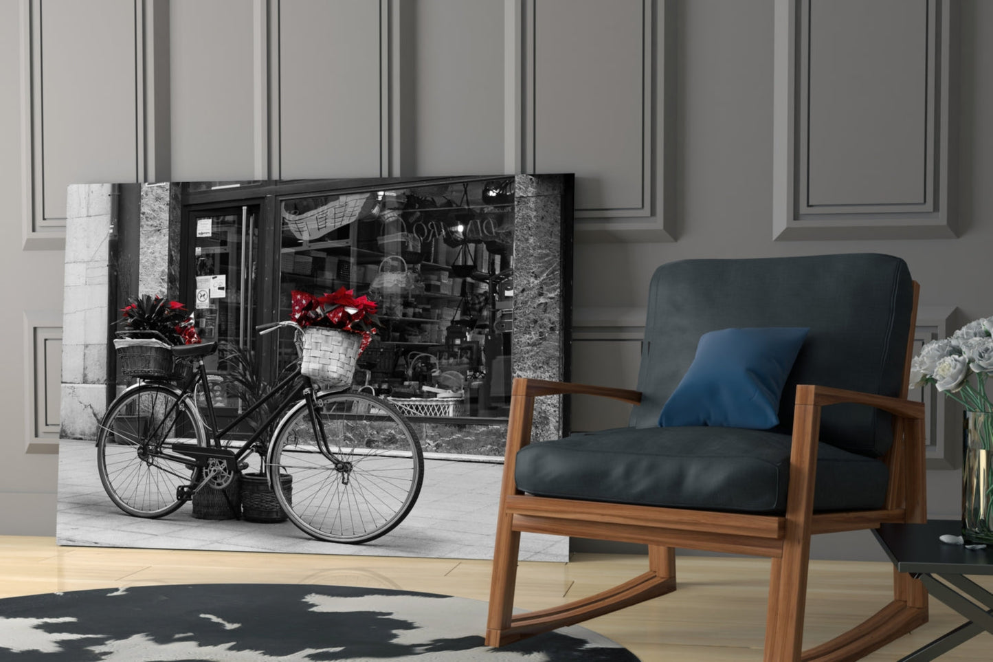 Black Bicycle with Red Flowers Glass Wall Art