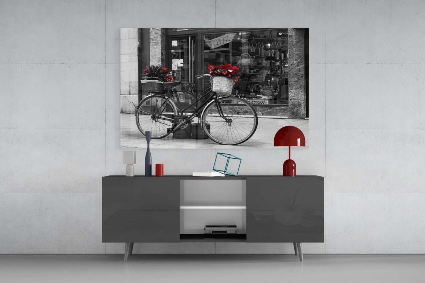 Black Bicycle with Red Flowers Glass Wall Art