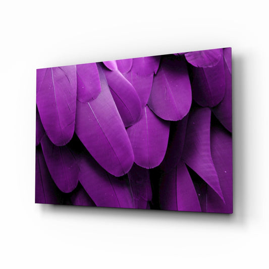 Bird feathers macro glass wall art - vibrant violet feathers close-up, jewel-tone tempered glass