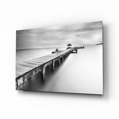 Black and white misty pier pavilion glass wall art