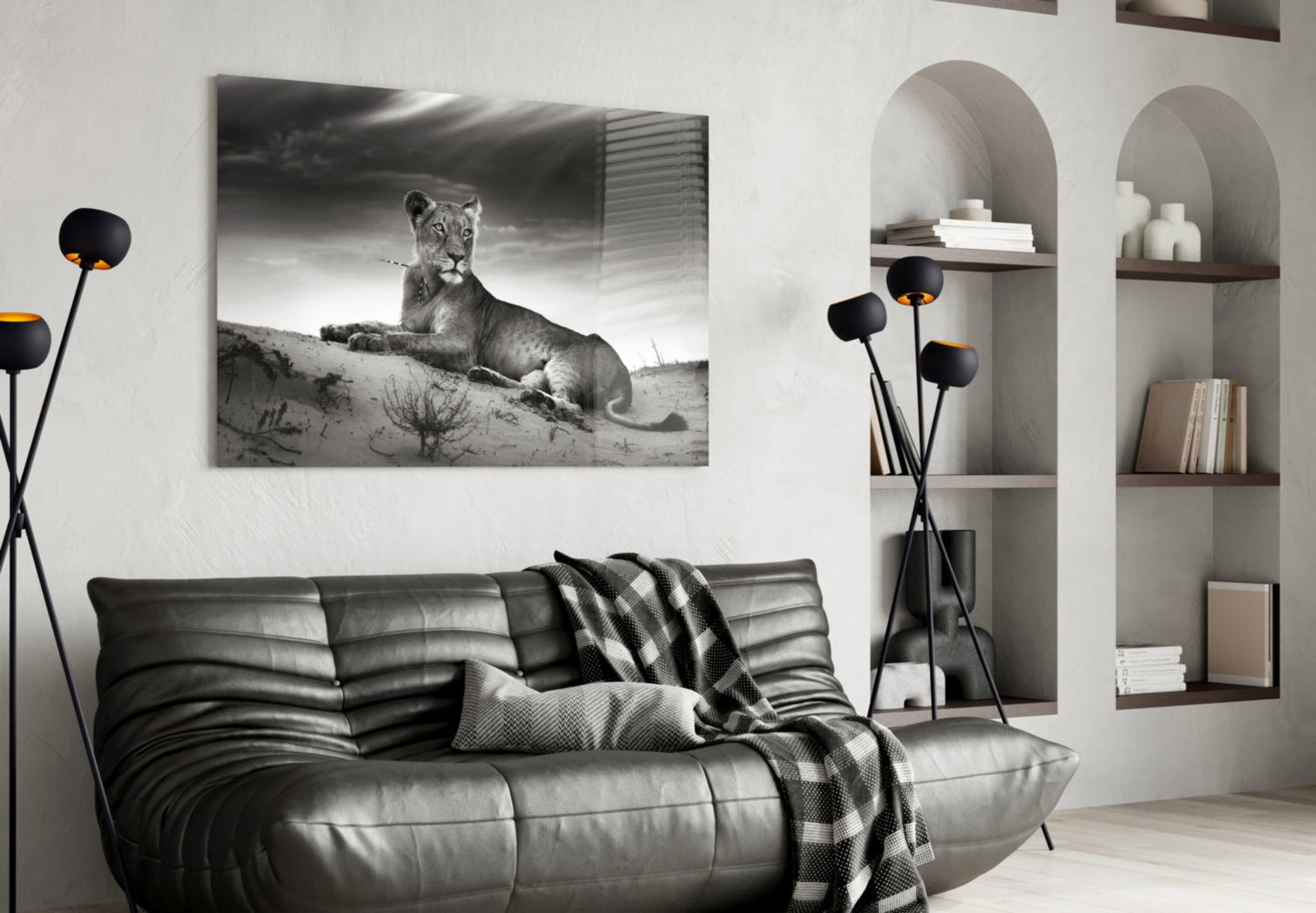 Lioness Glass Wall Art - Black and White Wildlife
