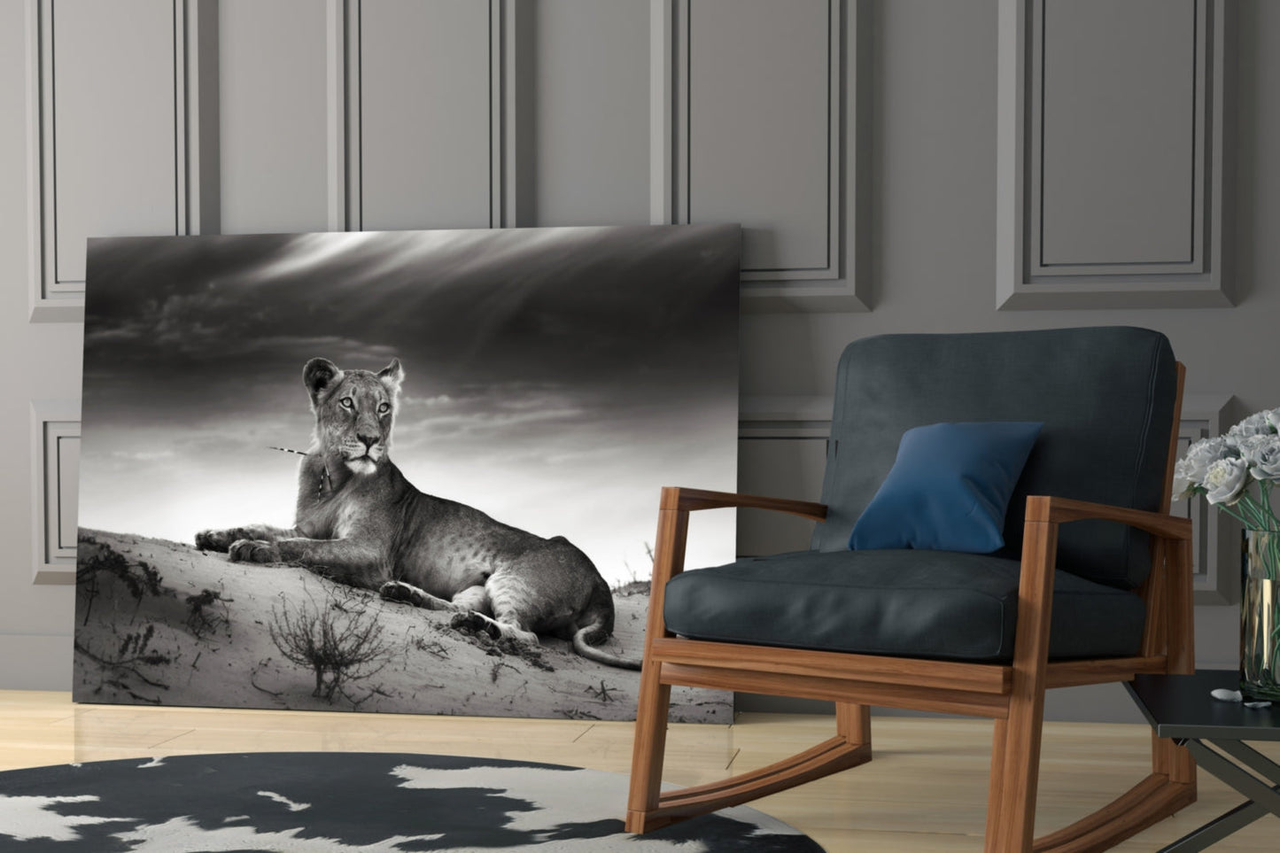 Lioness Glass Wall Art - Black and White Wildlife