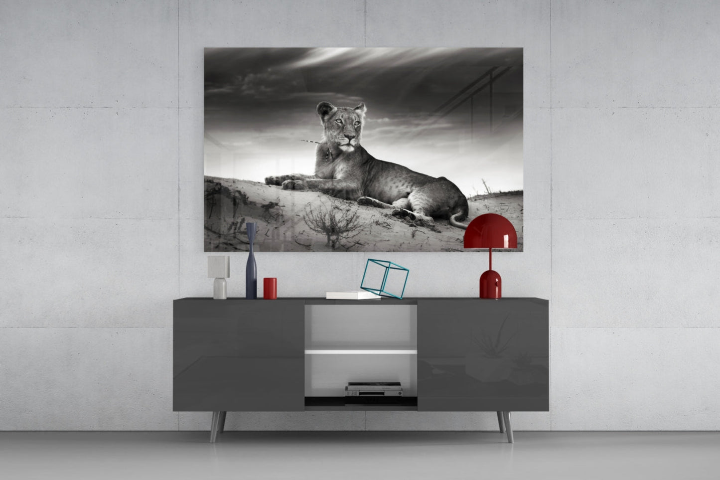 Lioness Glass Wall Art - Black and White Wildlife