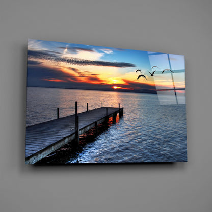 Lake Dock Sunset Birds Glass Wall Art