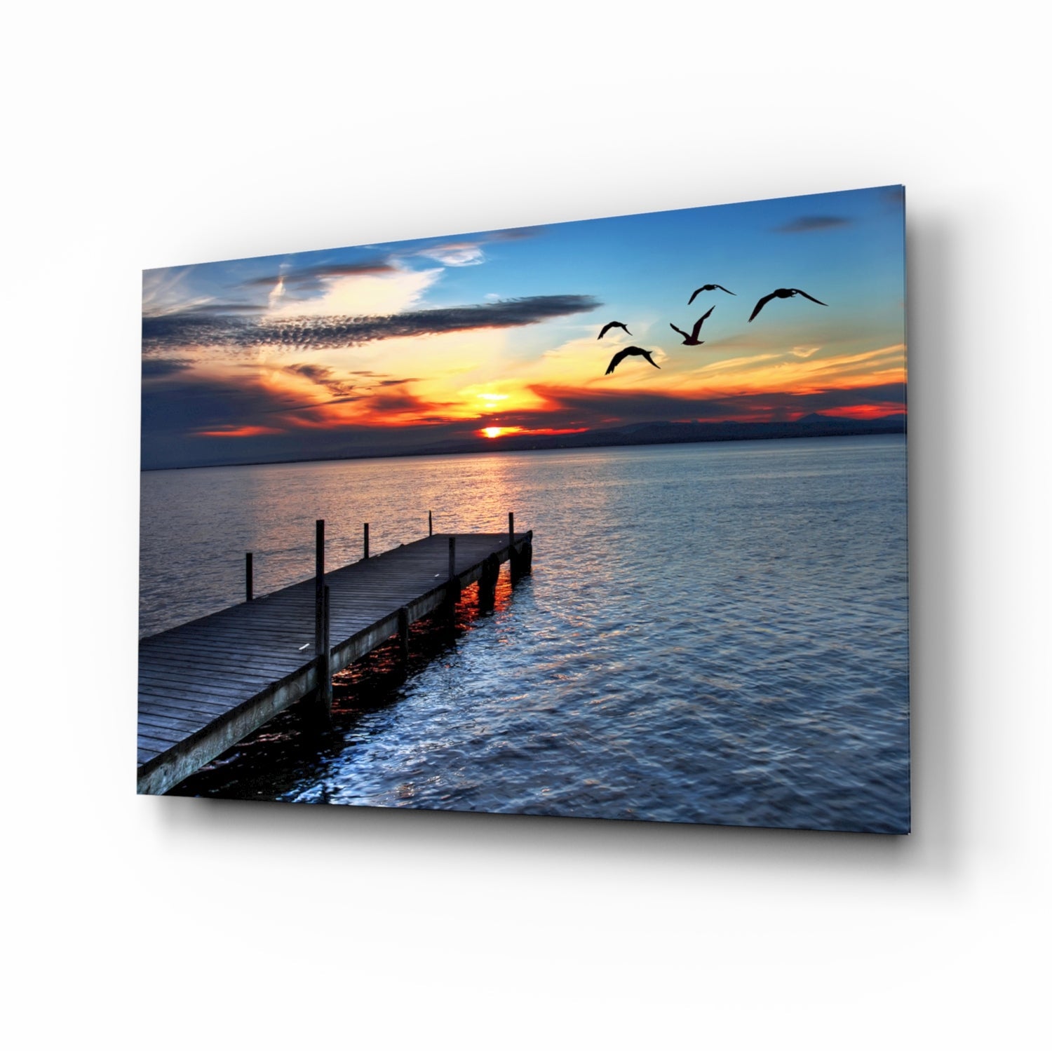 Lake dock sunset birds glass wall art print