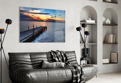 Lake Dock Sunset Birds Glass Wall Art
