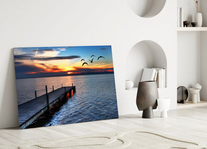 Lake Dock Sunset Birds Glass Wall Art