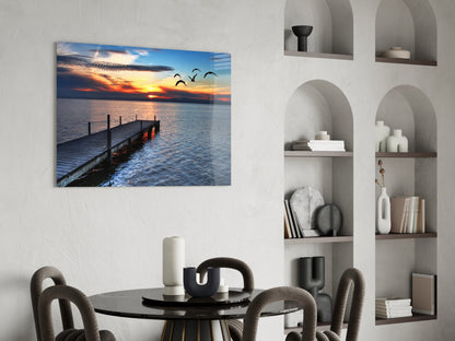 Lake Dock Sunset Birds Glass Wall Art