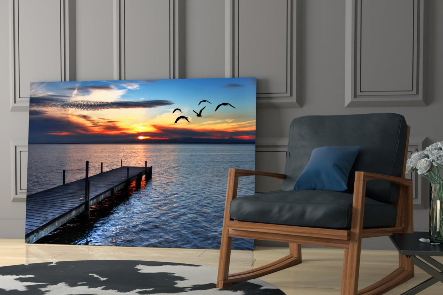 Lake Dock Sunset Birds Glass Wall Art
