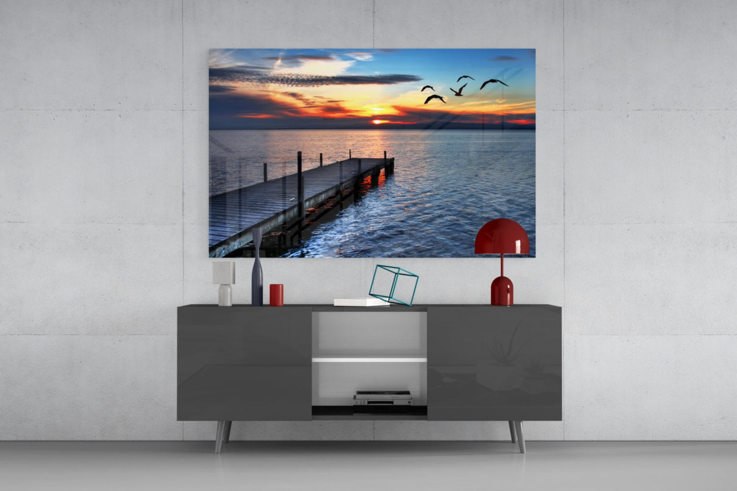 Lake Dock Sunset Birds Glass Wall Art