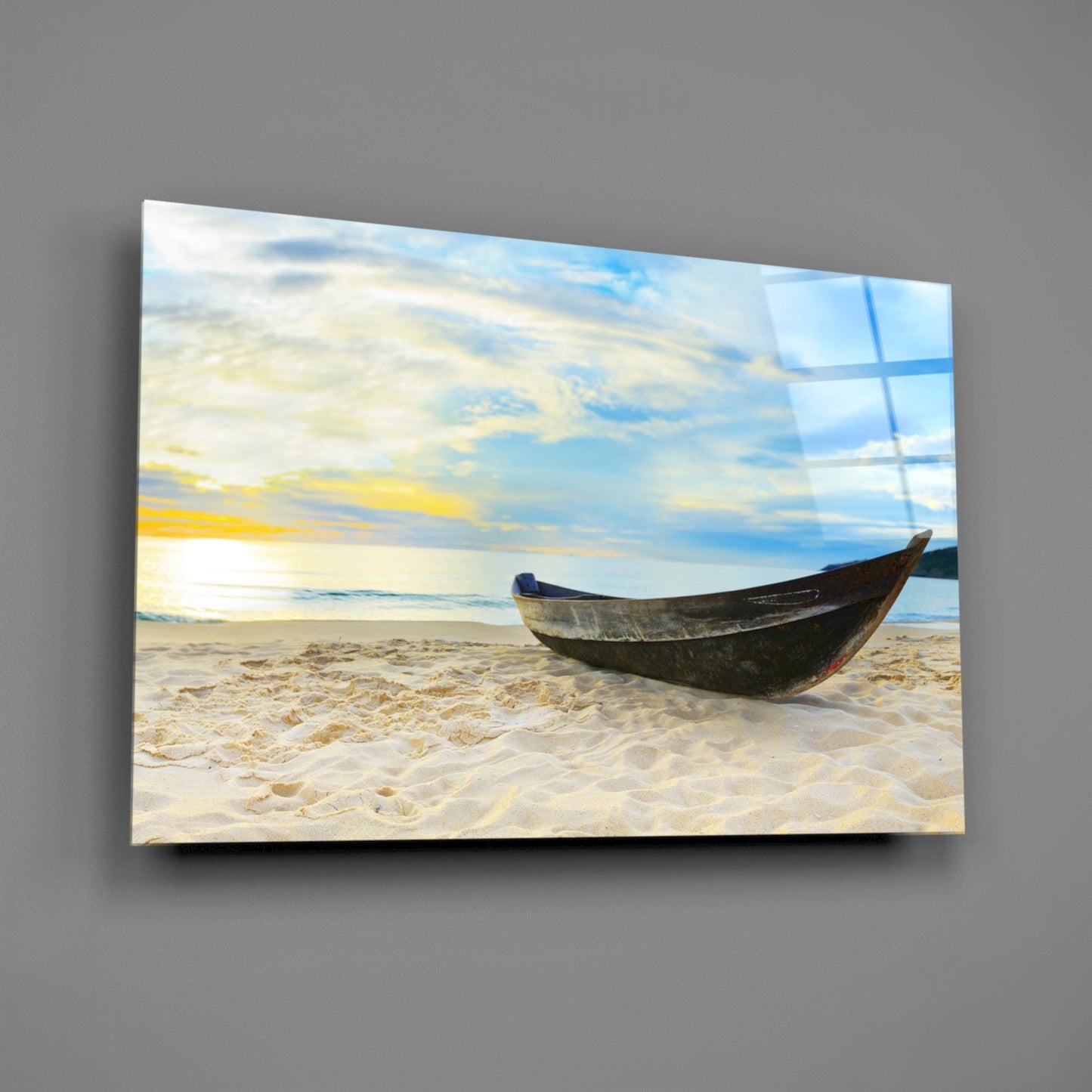 Canoe on White Sand Beach Glass Wall Art