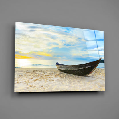 Canoe on White Sand Beach Glass Wall Art