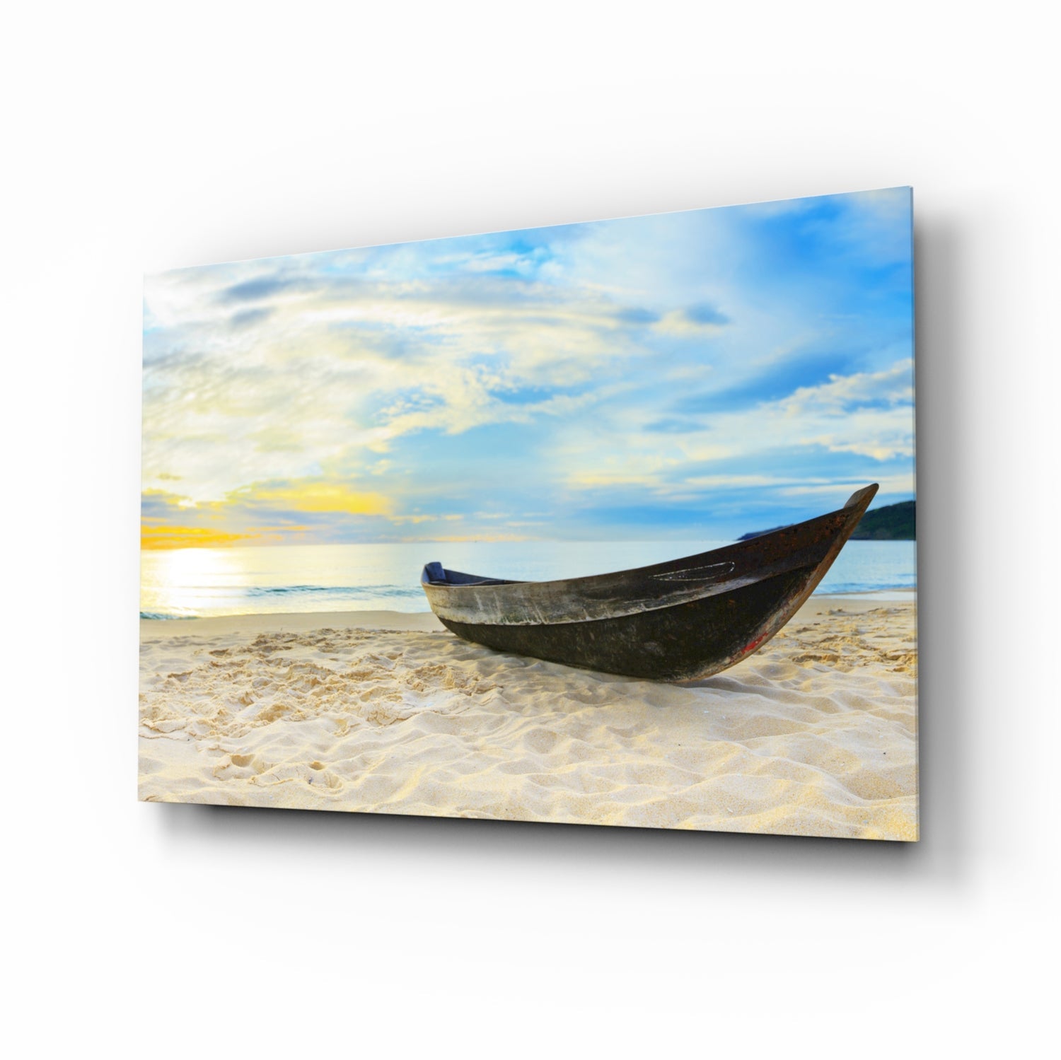 Canoe on white sand beach coastal glass wall art