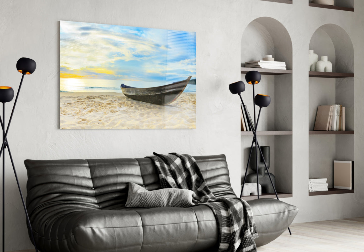 Canoe on White Sand Beach Glass Wall Art