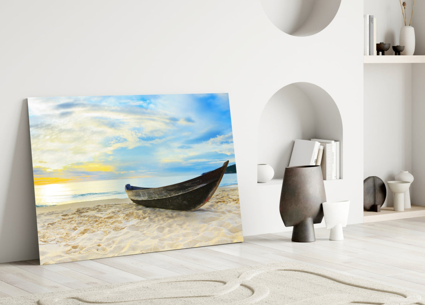 Canoe on White Sand Beach Glass Wall Art