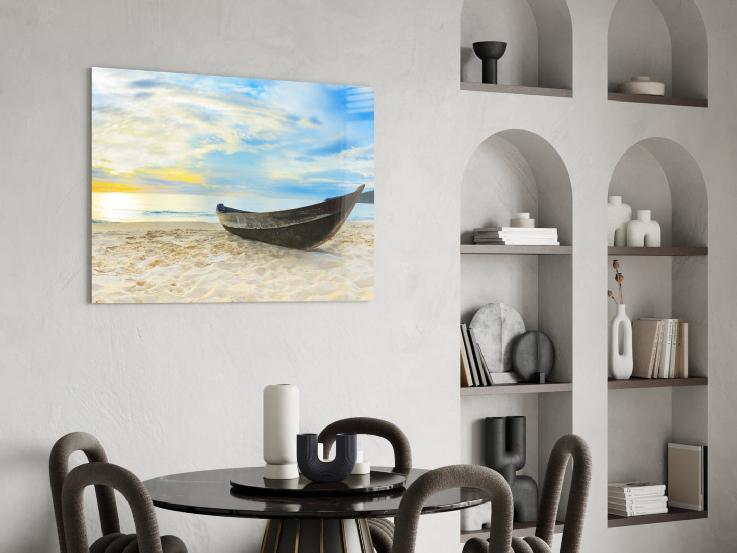 Canoe on White Sand Beach Glass Wall Art