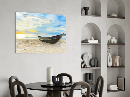 Canoe on White Sand Beach Glass Wall Art
