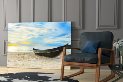 Canoe on White Sand Beach Glass Wall Art