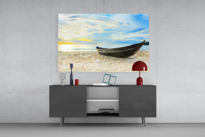 Canoe on White Sand Beach Glass Wall Art