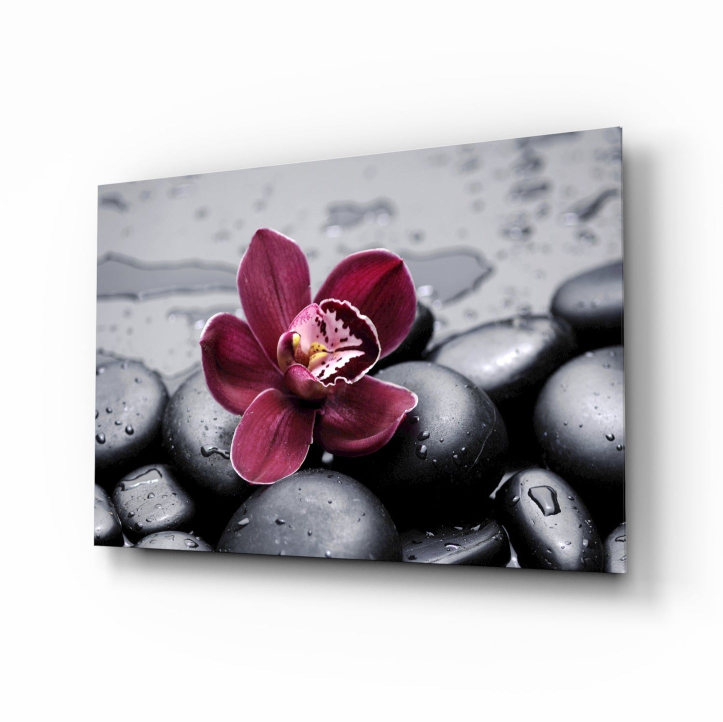 Burgundy orchid gray pebbles glass wall art