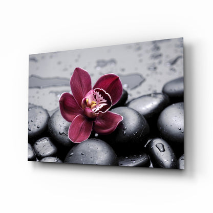 Burgundy orchid gray pebbles glass wall art