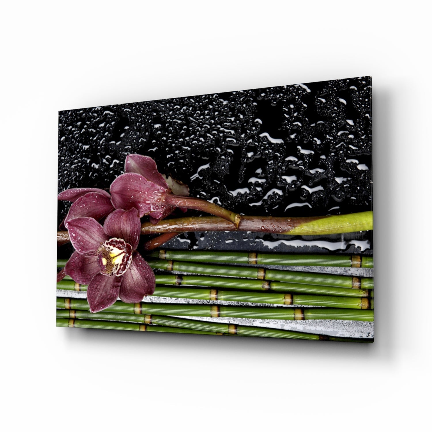 Burgundy orchid bamboo stalks glass wall art
