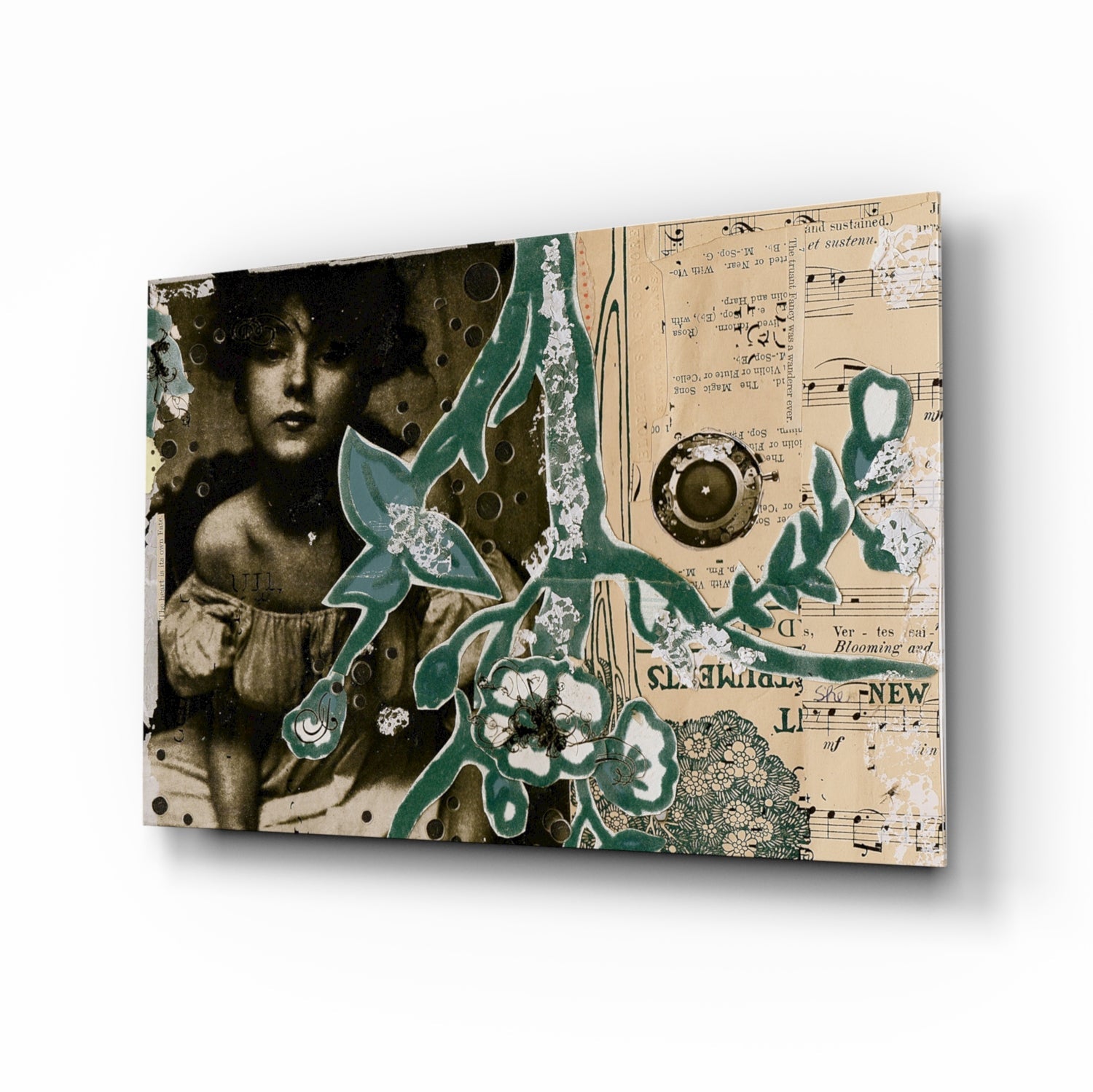 Vintage Collage Portrait Glass Wall Art in sepia and teal tones