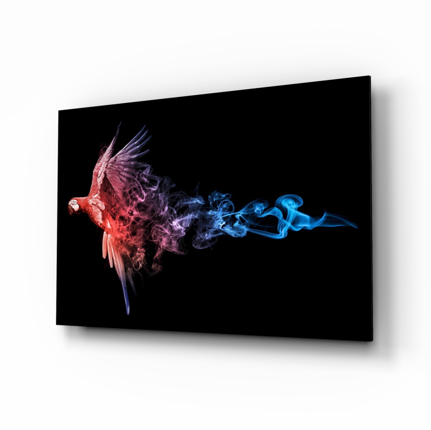 Red macaw parrot glass wall art dissolving into colored smoke
