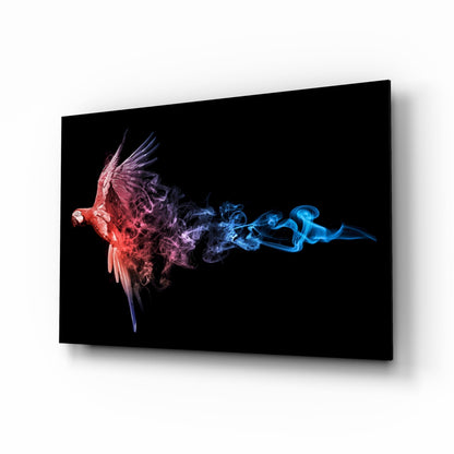 Red macaw parrot glass wall art dissolving into colored smoke