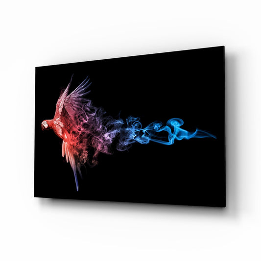 Red macaw parrot glass wall art dissolving into colored smoke