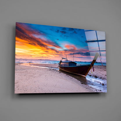 Longtail Boat Beach Sunset Glass Wall Art
