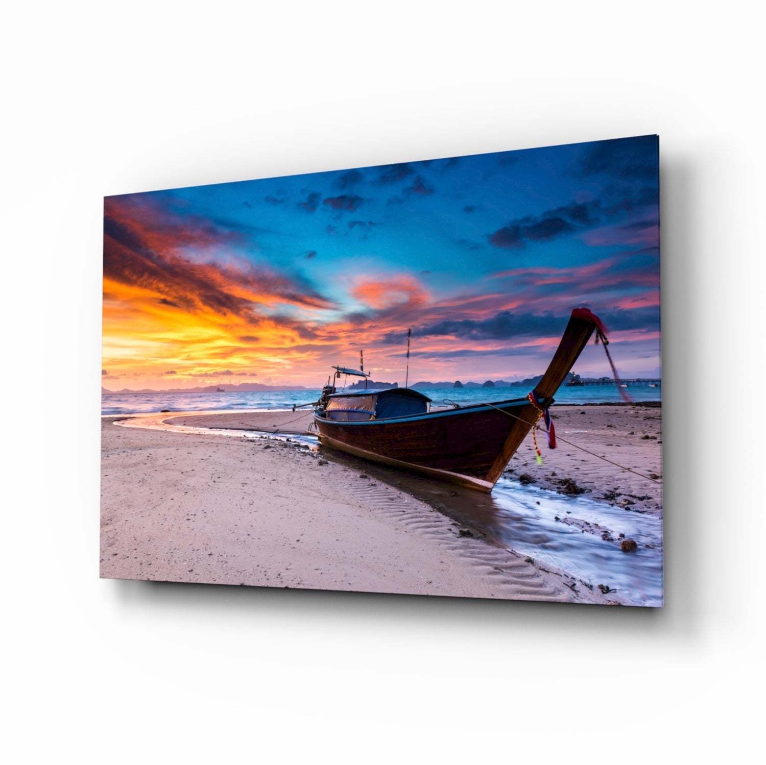 Longtail boat beach sunset glass wall art