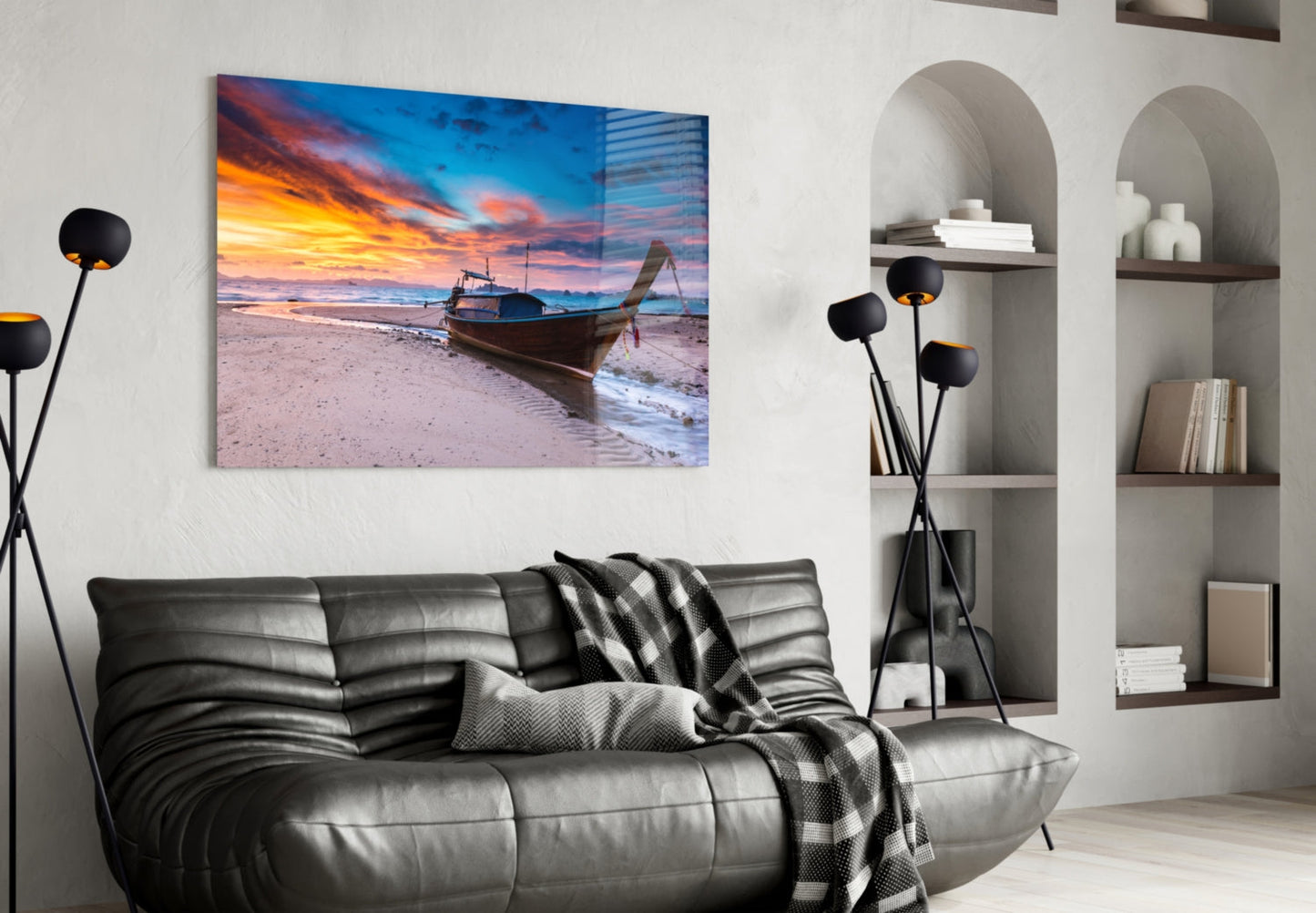 Longtail Boat Beach Sunset Glass Wall Art