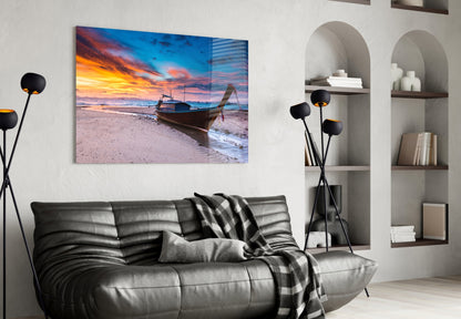 Longtail Boat Beach Sunset Glass Wall Art