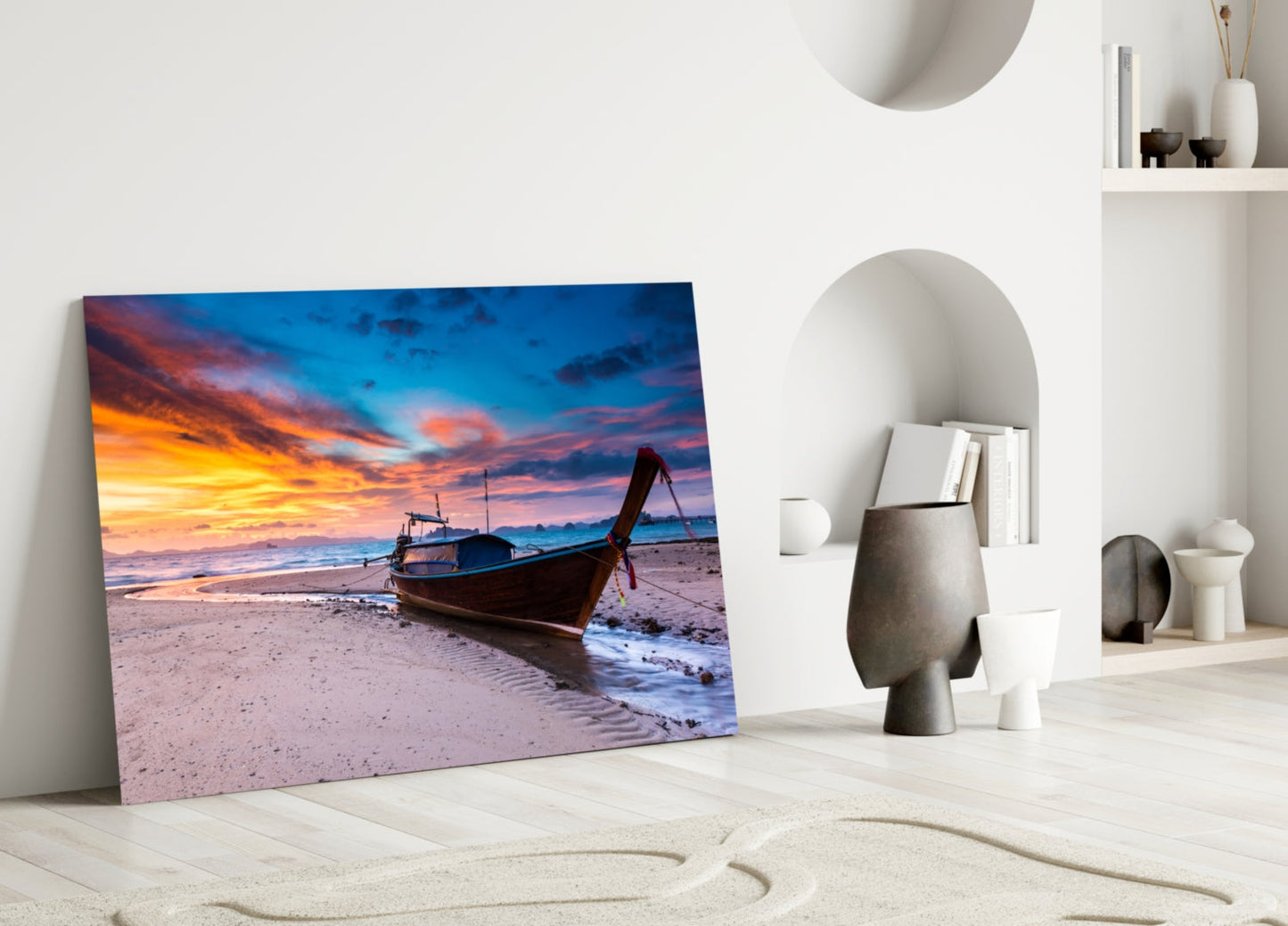 Longtail Boat Beach Sunset Glass Wall Art