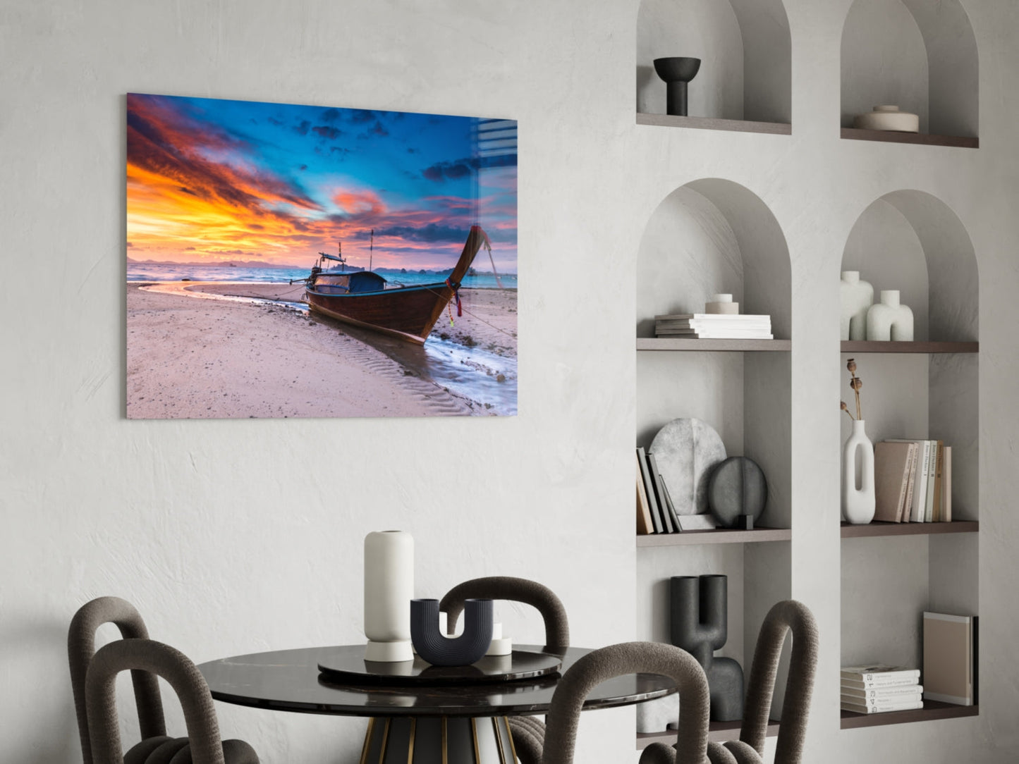 Longtail Boat Beach Sunset Glass Wall Art